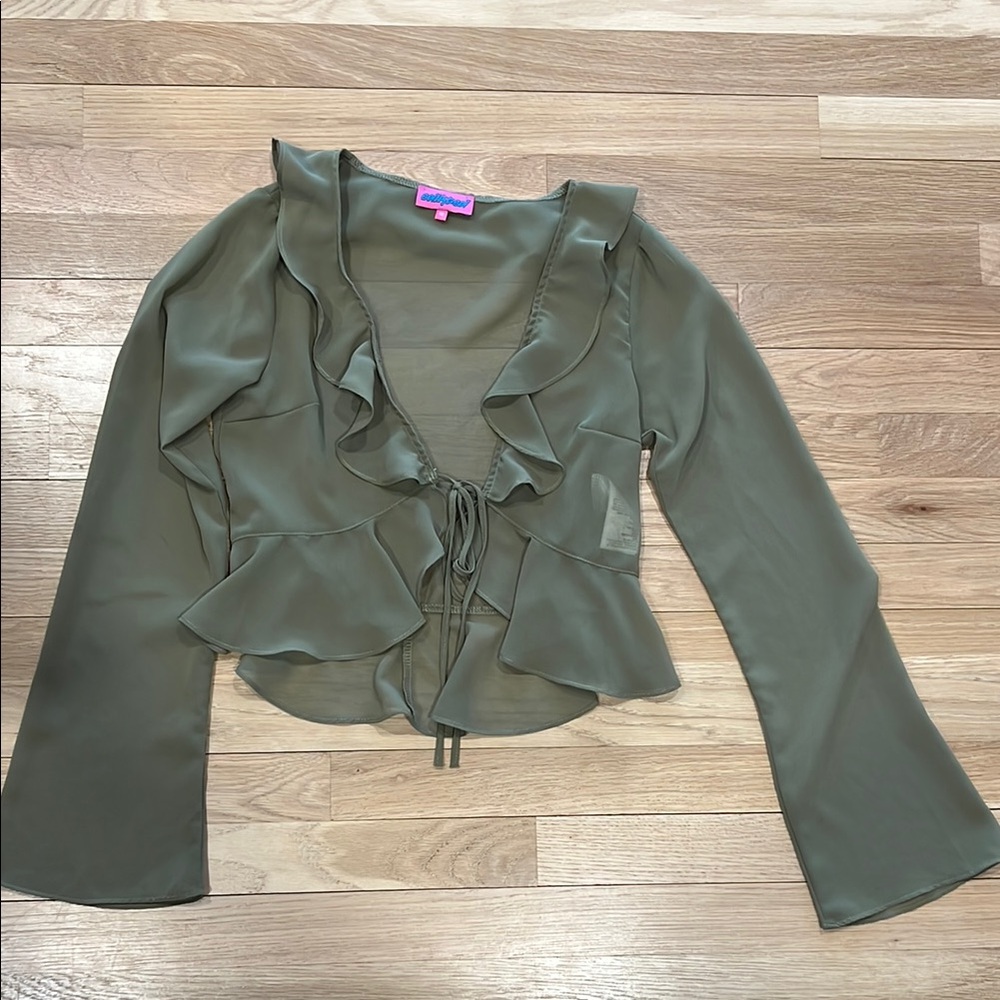 Olive Sheer Green Ruffle Tie-Front Blouse